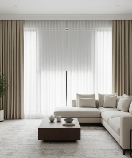 Double Layer Curtains with Roller Blind (Luxury Living Room)