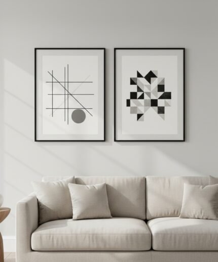 Two minimalist geometric art prints in sleek black frames